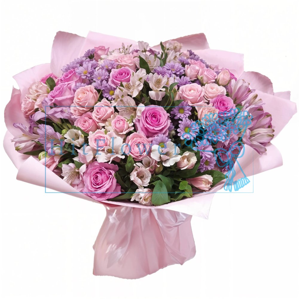 Элитный букет цветов из: Хризантемы, Альстромерии и Розы